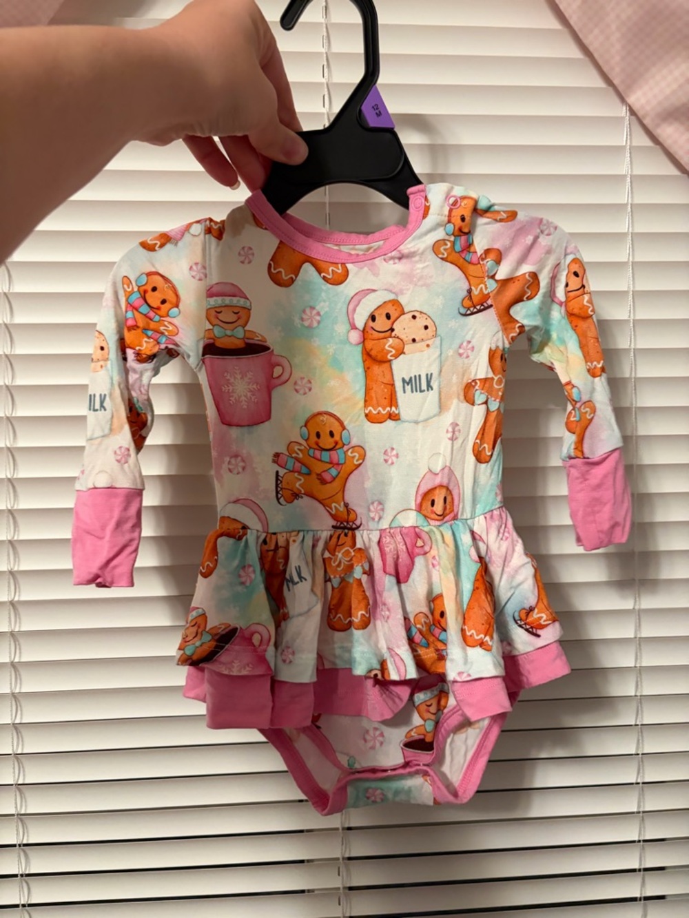 Birdie bean Pink Gingerbread Print Ruffle One-Piece Dress Bodysuit 6-12months